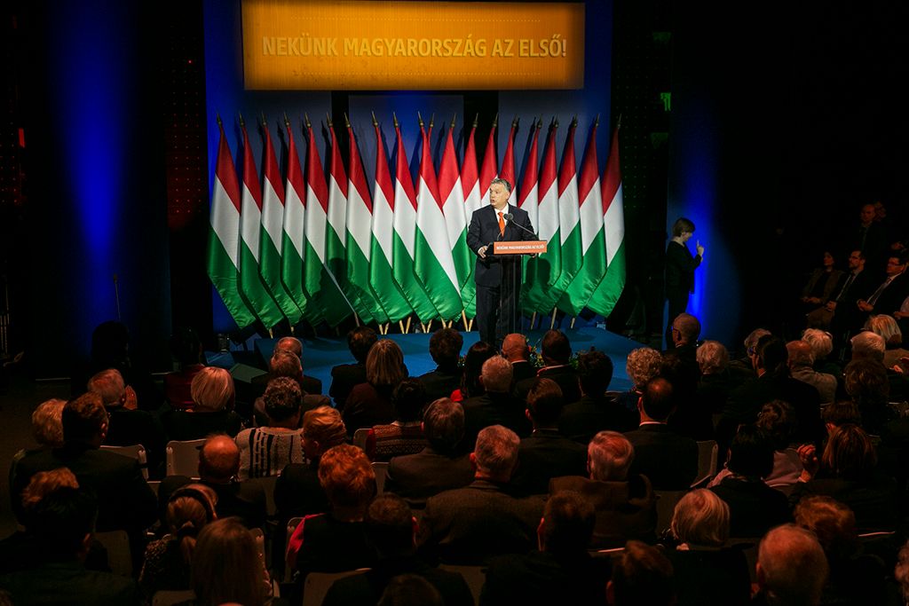 Budapest, 2018. február 18. Orbán Viktor miniszterelnök hagyományos évértékelő beszédét tartja a Várkert Bazárban 2018. február 18-án. Fotó: Horváth Péter Gyula