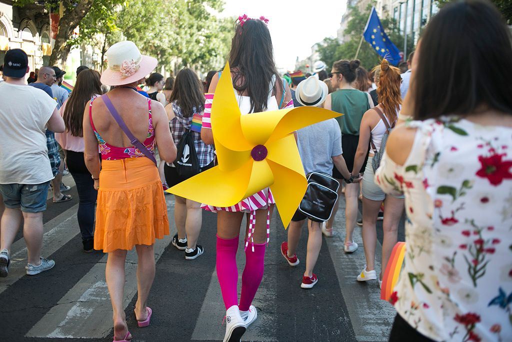Az LMBTQ-közösség (leszbikus, meleg, biszexuális, transznemű és queer emberek) fesztiválja, a 22. Budapest Pride felvonulásának résztvevői Fotó: Horváth Péter Gyula