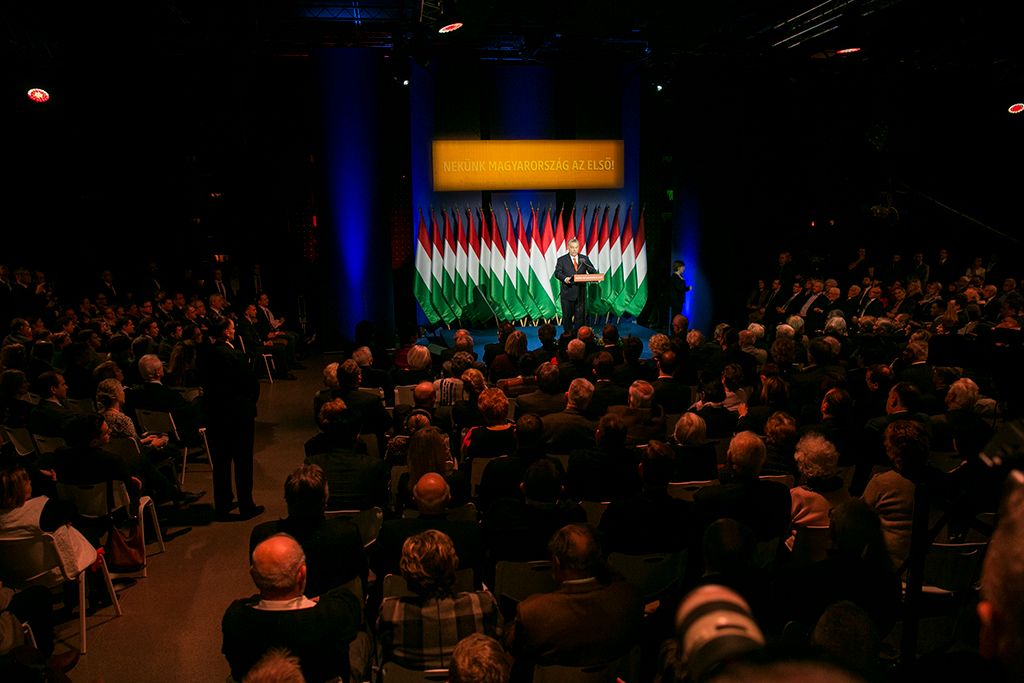 Budapest, 2018. február 18. Orbán Viktor miniszterelnök hagyományos évértékelő beszédét tartja a Várkert Bazárban 2018. február 18-án. Fotó: Horváth Péter Gyula