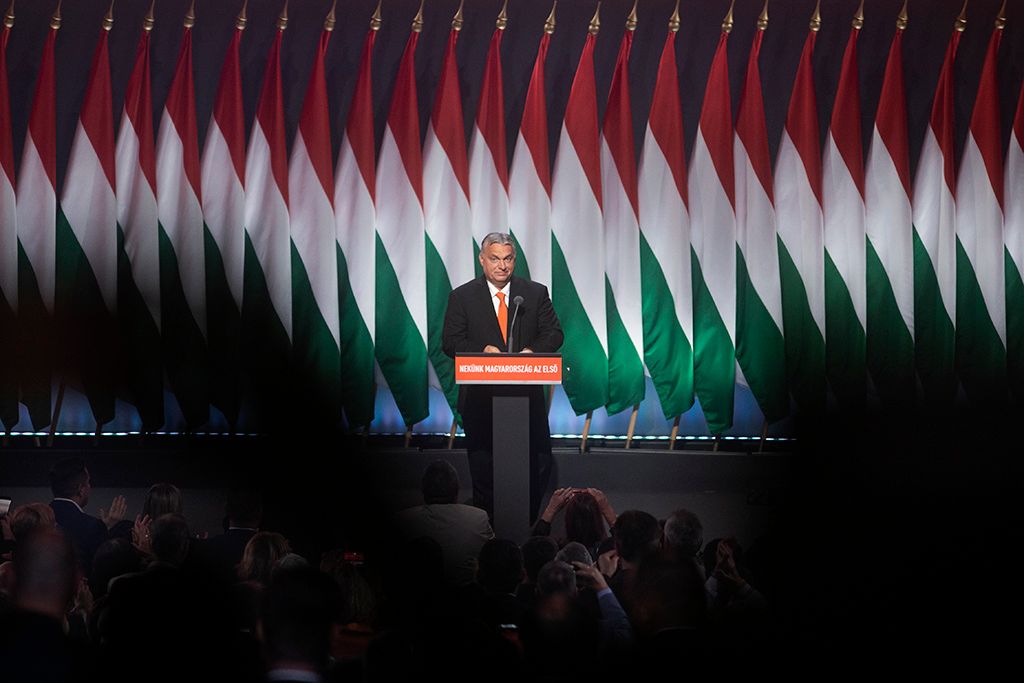 Orbán Viktor, a Fidesz újraválasztott elnöke, miniszterelnök beszédet mond a Fidesz 29. tisztújító kongresszusán Fotó: Horváth Péter Gyula
