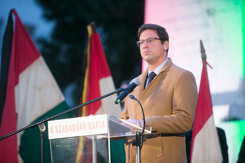Gulyás Gergely, a Miniszterelnökséget vezető miniszter beszédet mond az 1956-os forradalom és szabadságharc emléknapján tartott megemlékezésen a fővárosi a Bem téren  Fotó: Horváth Péter Gyula