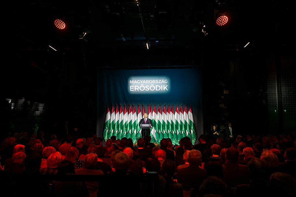 Orbán Viktor miniszterelnök hagyományos évértékelő beszédét tartja a Várkert Bazárban 2017. február 10-én. Fotó: Horváth Péter Gyula