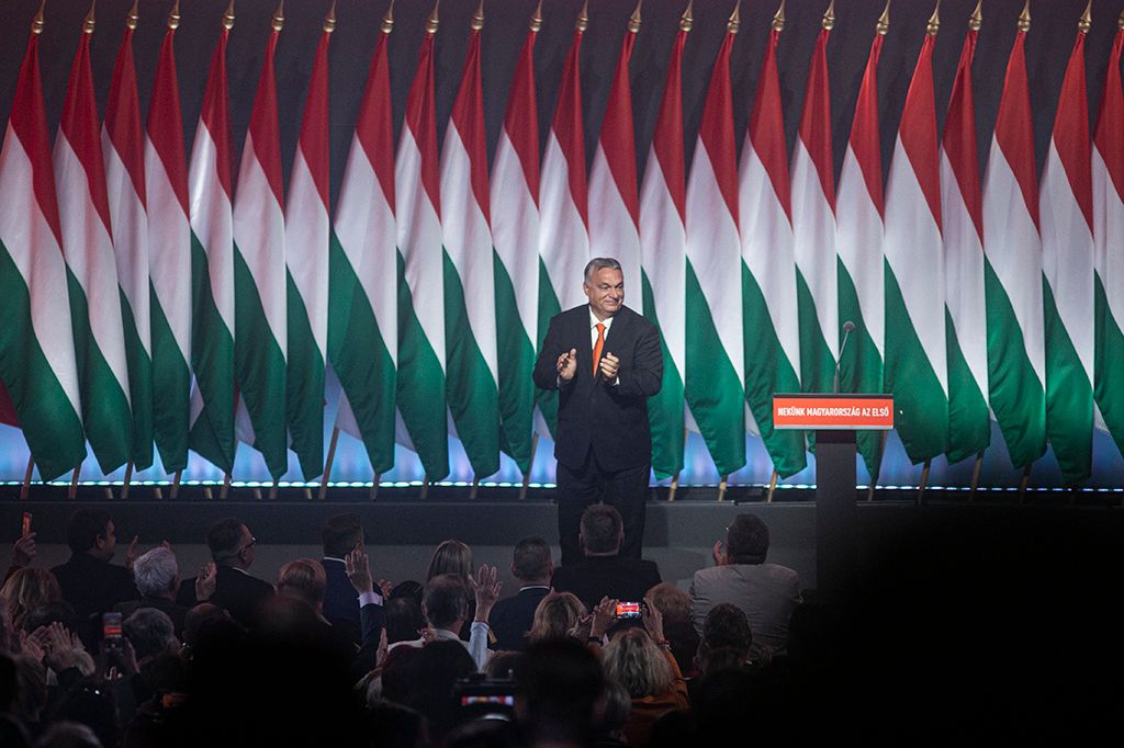 Orbán Viktor, a Fidesz újraválasztott elnöke, miniszterelnök beszédet mond a Fidesz 29. tisztújító kongresszusán Fotó: Horváth Péter Gyula