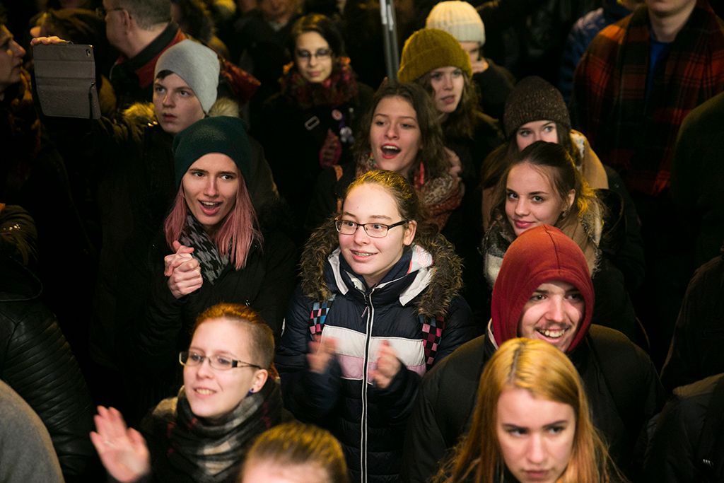A Demonstrálj az oktatásért címmel a közösségi médiában meghirdetett tüntetés az Alkotmány utcában a Kossuth térnél 2018. január 19-én.Fotó: Horváth Péter Gyula
