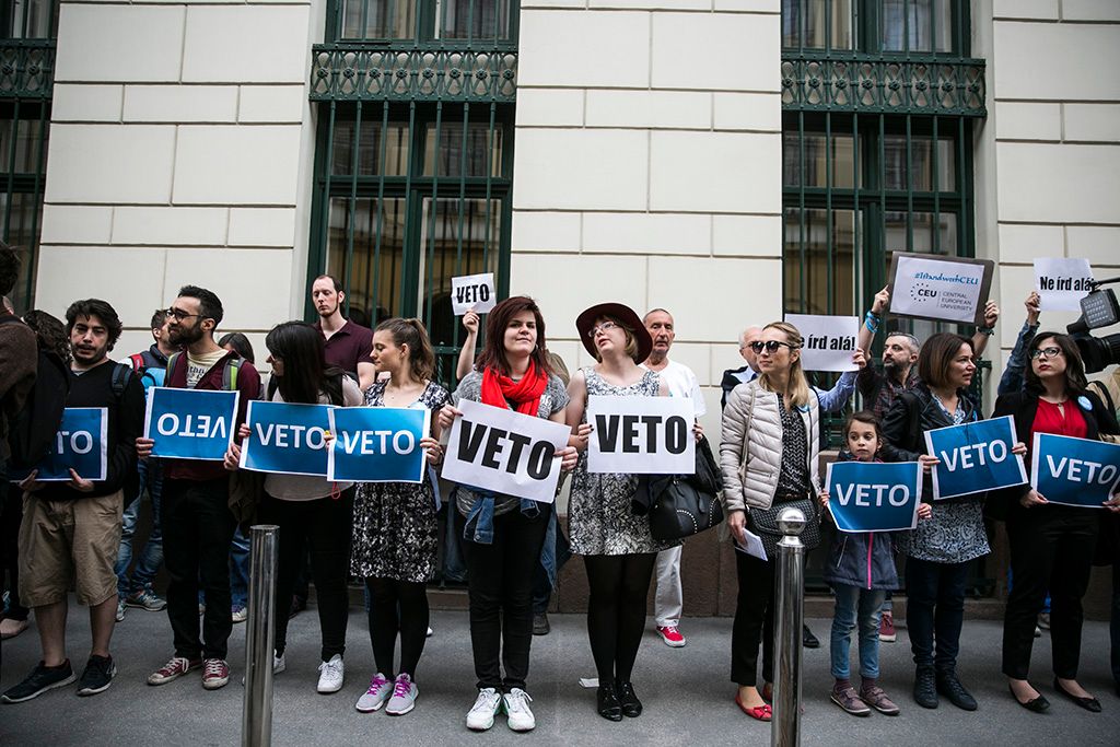 Résztvevők az Oktatási szabadságot csoport Élőlánc a CEU körül címmel meghirdetett demonstrációján Fotó: Horváth Péter Gyula