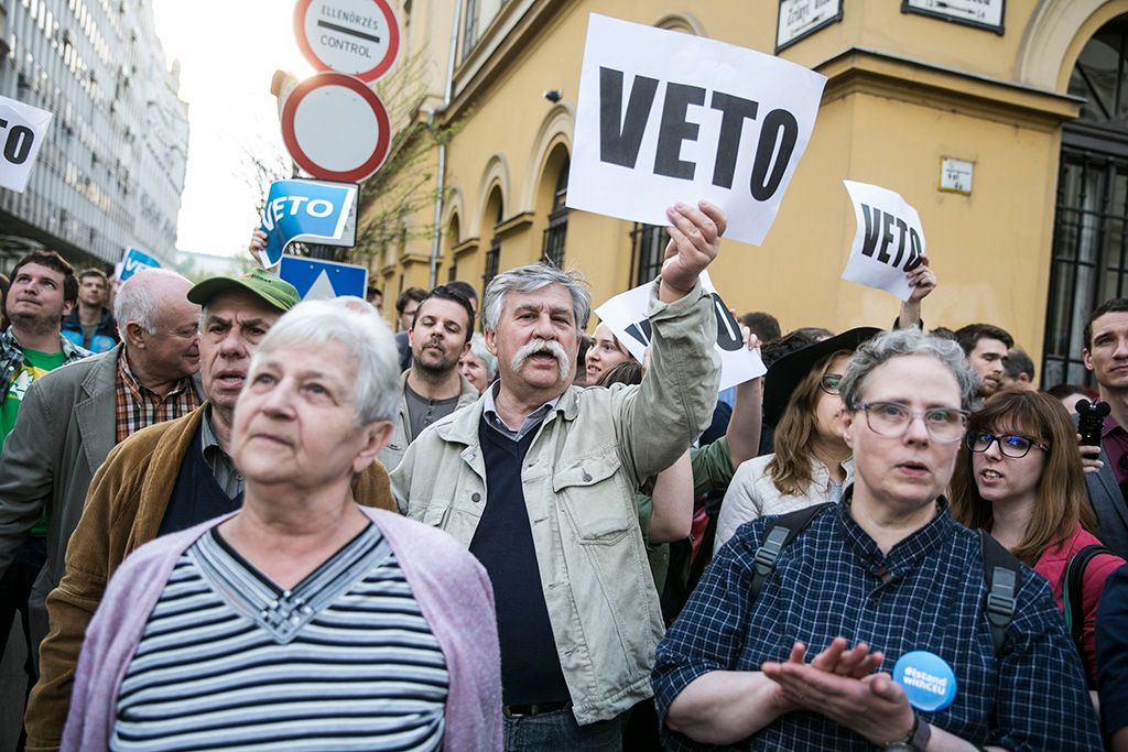 Résztvevők az Oktatási szabadságot csoport Élőlánc a CEU körül címmel meghirdetett demonstrációján Fotó: Horváth Péter Gyula