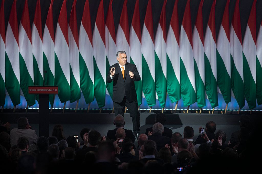 Orbán Viktor, a Fidesz újraválasztott elnöke, miniszterelnök beszédet mond a Fidesz 29. tisztújító kongresszusán Fotó: Horváth Péter Gyula