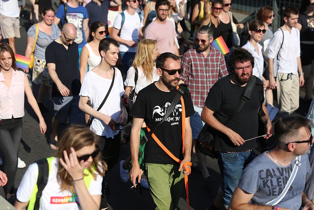 Az LMBTQ-közösség (leszbikus, meleg, biszexuális, transznemű és queer emberek) fesztiválja, a 22. Budapest Pride felvonulásának résztvevői Fotó: Horváth Péter Gyula