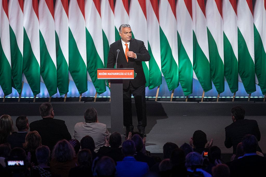 Orbán Viktor, a Fidesz újraválasztott elnöke, miniszterelnök beszédet mond a Fidesz 29. tisztújító kongresszusán Fotó: Horváth Péter Gyula