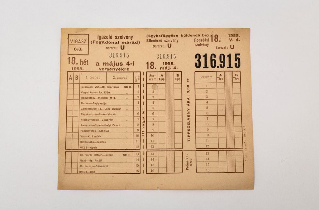 Totó tippszelvény- 1958