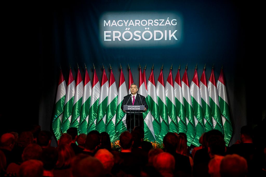 Orbán Viktor miniszterelnök hagyományos évértékelő beszédét tartja a Várkert Bazárban 2017. február 10-én. Fotó: Horváth Péter Gyula