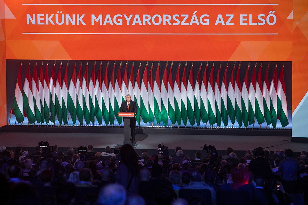 Orbán Viktor, a Fidesz újraválasztott elnöke, miniszterelnök beszédet mond a Fidesz 29. tisztújító kongresszusán Fotó: Horváth Péter Gyula
