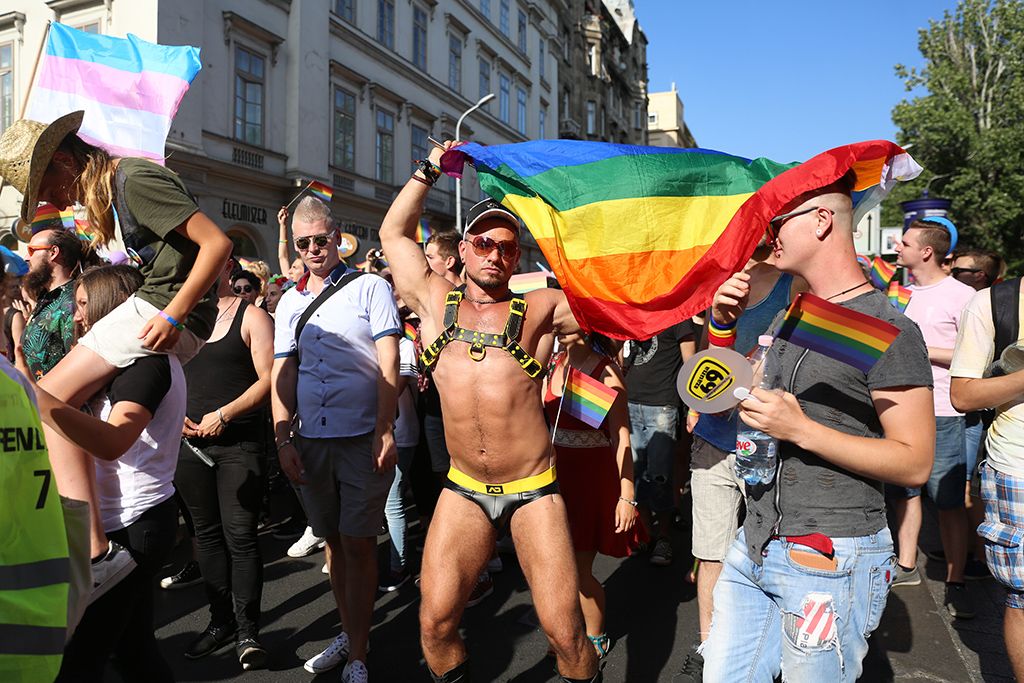 Az LMBTQ-közösség (leszbikus, meleg, biszexuális, transznemű és queer emberek) fesztiválja, a 22. Budapest Pride felvonulásának résztvevői Fotó: Horváth Péter Gyula