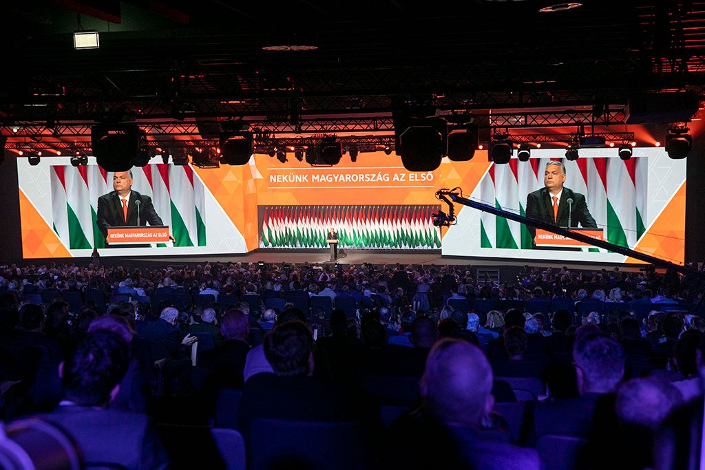 Orbán Viktor, a Fidesz újraválasztott elnöke, miniszterelnök beszédet mond a Fidesz 29. tisztújító kongresszusán Fotó: Horváth Péter Gyula