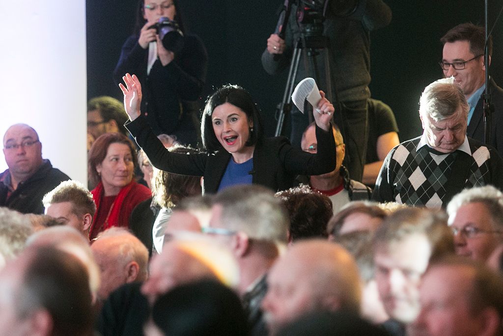 Kunhalmi Ágnes, az MSZP budapesti elnöke és Karácsony Gergely, a Párbeszéd társelnöke, pártja és az MSZP miniszterelnök-jelöltje az MSZP budapesti évadnyitó rendezvényén a Dürer Rendezvényházban 2018. január 10-én. Fotó: Horváth Péter Gyula