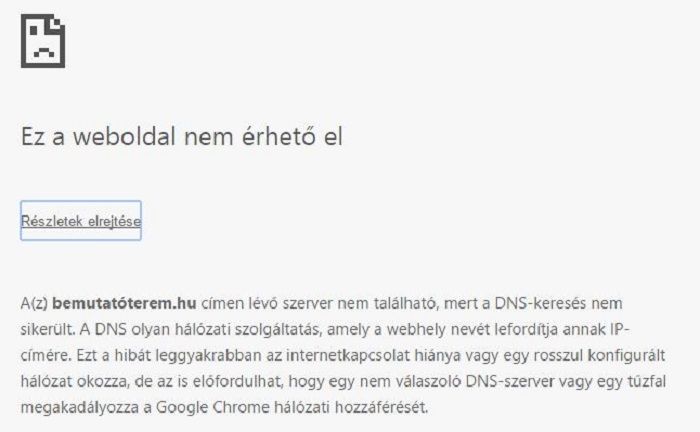 Ez az üzenet jön szembe, ha a Bemutatóterem weboldalára kattintunk.