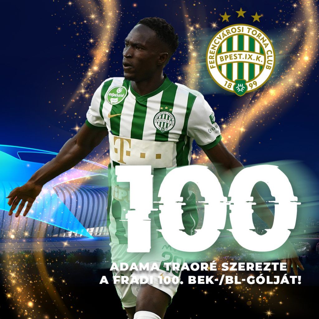 A Ferencváros nyári szerzeménye, Adama Traoré szerezte a zöld-fehérek századik gólját a legrangosabb európai kupasorozatban. Fotó: az FTC hivatalos Facebook-oldala