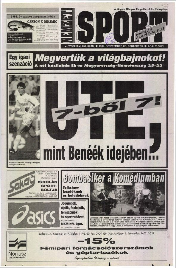Zsinórban hetedik győzelmük után minden idők legeredményesebb újpesti csapatához hasonlította a Nemzeti Sport 1994. szeptember 22-i címlapja Garami József Megyeri úti alakulatát. Forrás: Arcanum Adatbázis