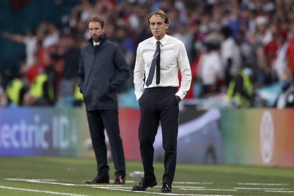 Két nagyszerű kapitány, Gareth Southgate angol és Roberto Mancini olasz mester.<br /> MTI/AP/Pool/Carl Recine