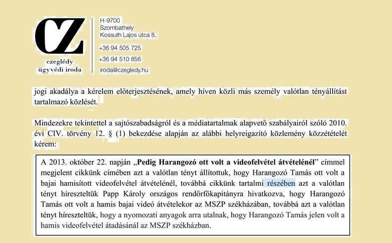 Harangozó Tamás helyreigazítási kérelme