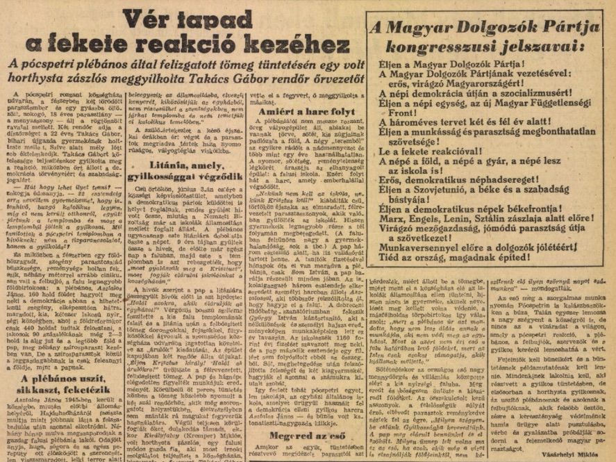 Vásárhelyi cikke a Szabad Népben