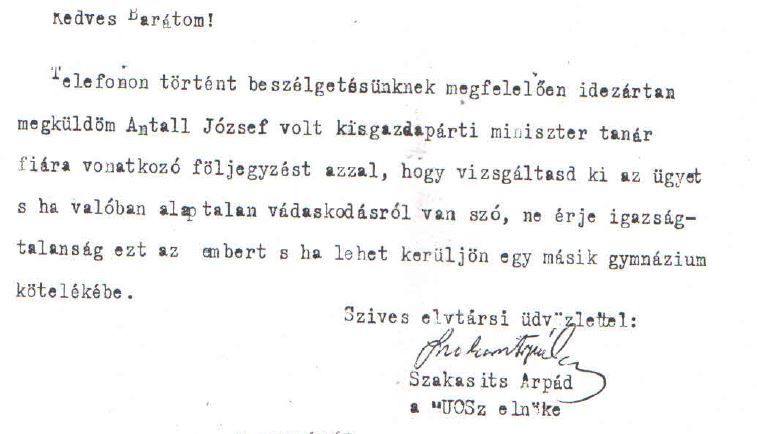 Szakasits levele /Forrás: Mol.hu, Hamvas