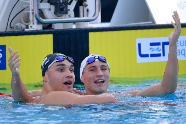 Milák Kristóf és Márton Richárd öröme Rómában. Fotó: MTI/Czeglédi Zsolt
