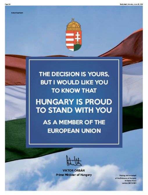 A magyar kormány üzenete a briteknek. Fotó: portfolio.hu