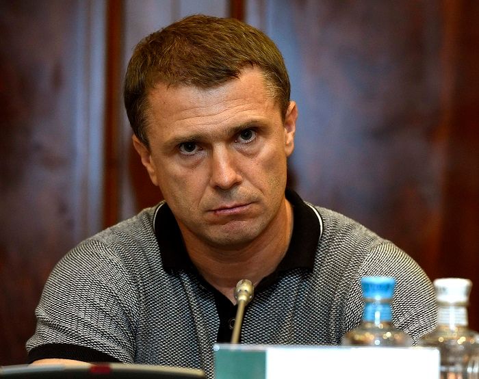 Az ukrán Szerhij Rebrov a bemutatkozó sajtótájékoztatón / Fotó: MTI