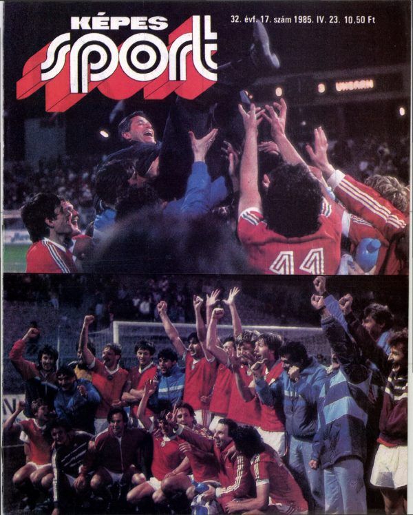 A Képes Sport 1985. április 23-i címlapja a káprázatos győzelem két ikonikus fotójával jelent meg, kommentár nélkül. Forrás: Arcanum Adatbázis.
