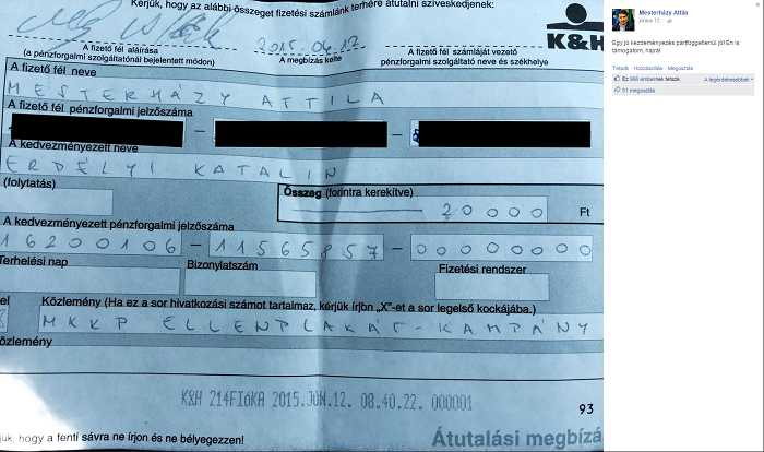 Mesterházy Attila 20 ezer forinttal támogatta az ellen-kampányt.