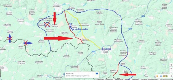 A piros nyilak azt jelölik, merre indítottak ellentámadást az oroszok, a piros vonalak pedig azt, hogy meddig haladtak előre. Kék vonallal az ukránok által a betörés elején elfoglalt régió