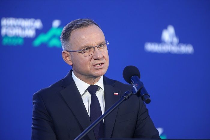 Andrzej Duda lengyel elnök beszédet mond a Krynica Forum nevű nemzetközi konferencián a délkelet-lengyelországi Krynica-Zdrójban 2024. szeptember 19-én.