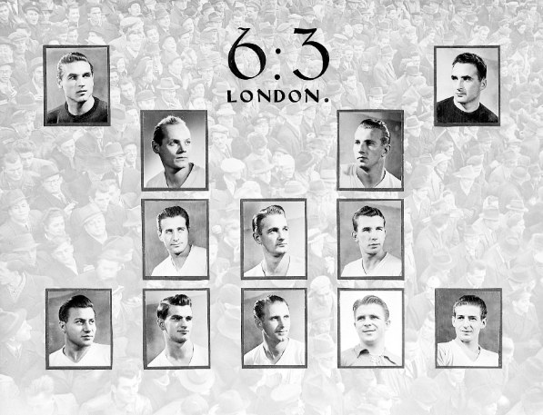 Az Aranycsapat londoni tablója. Felül Grosics és Gellér, alattuk Buzánszky és Lantos, a harmadik sorban Bozsik, Lóránt és Zakariás, alul pedig a félelmetes Budai II, Kocsis, Hidegkuti, Puskás, Czibor támadósor. Forrás: MTI reprodukció