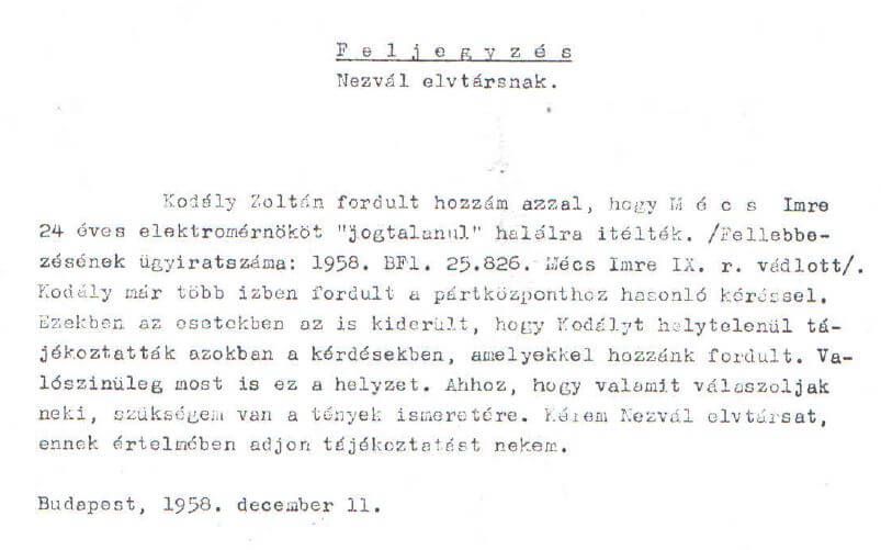 Kállai elvtárs Nezvál elvtársnak / Forrás: Hamvas Intézet