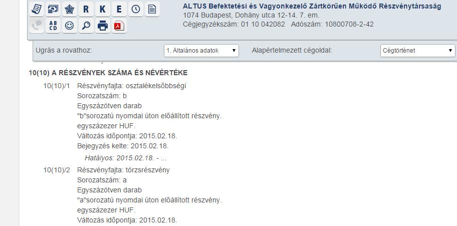 Az Altus rejtélyes módon megfelezett részvénycsomagja az OPTEN cégadatbázisában.