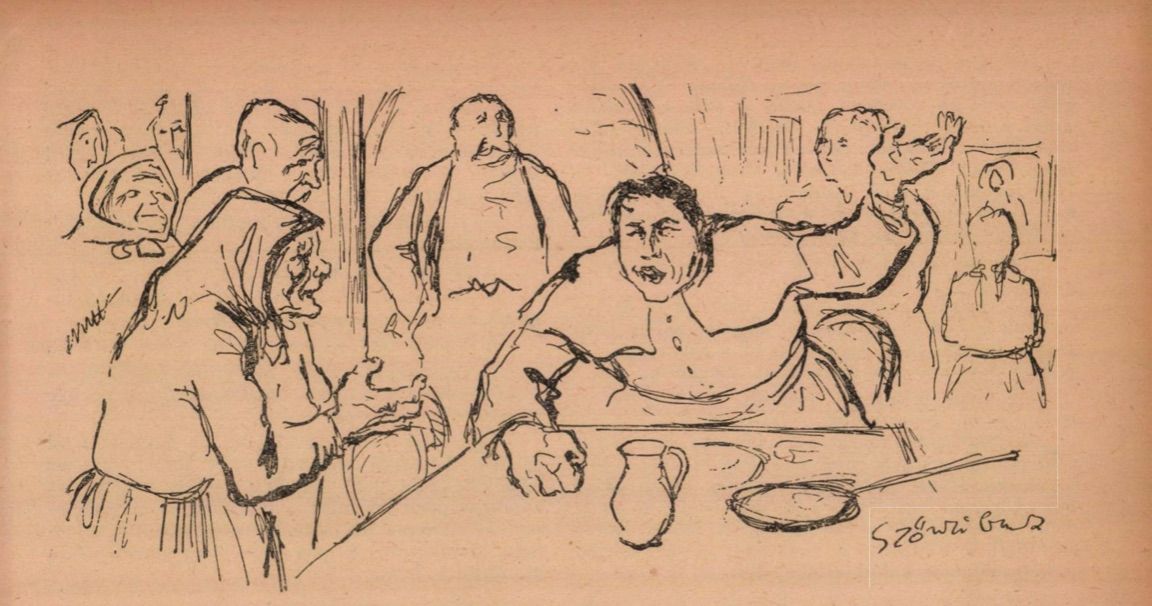 Karikatúraszerű rajz a novella mellé. A pap előtt étel és ital / Forrás: Csillag
