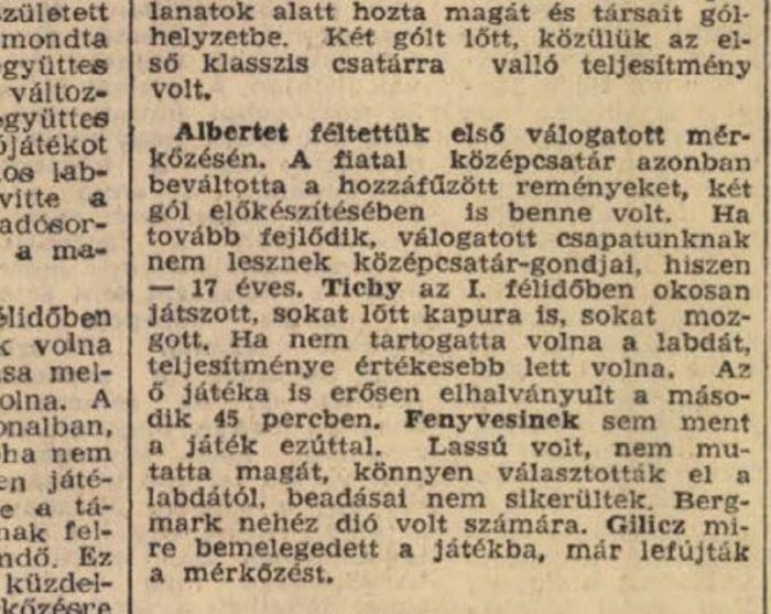 Albert Flórián a Népsport szakírói értékelése szerint is kitűnő játékkal debütált a válogatottban. Forrás: Arcanum Digitális Tudománytár