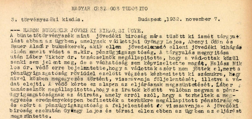 Korabeli cikk Bauer Aladár bírósági ügyéről / Forrás: Library.hungaricana.hu