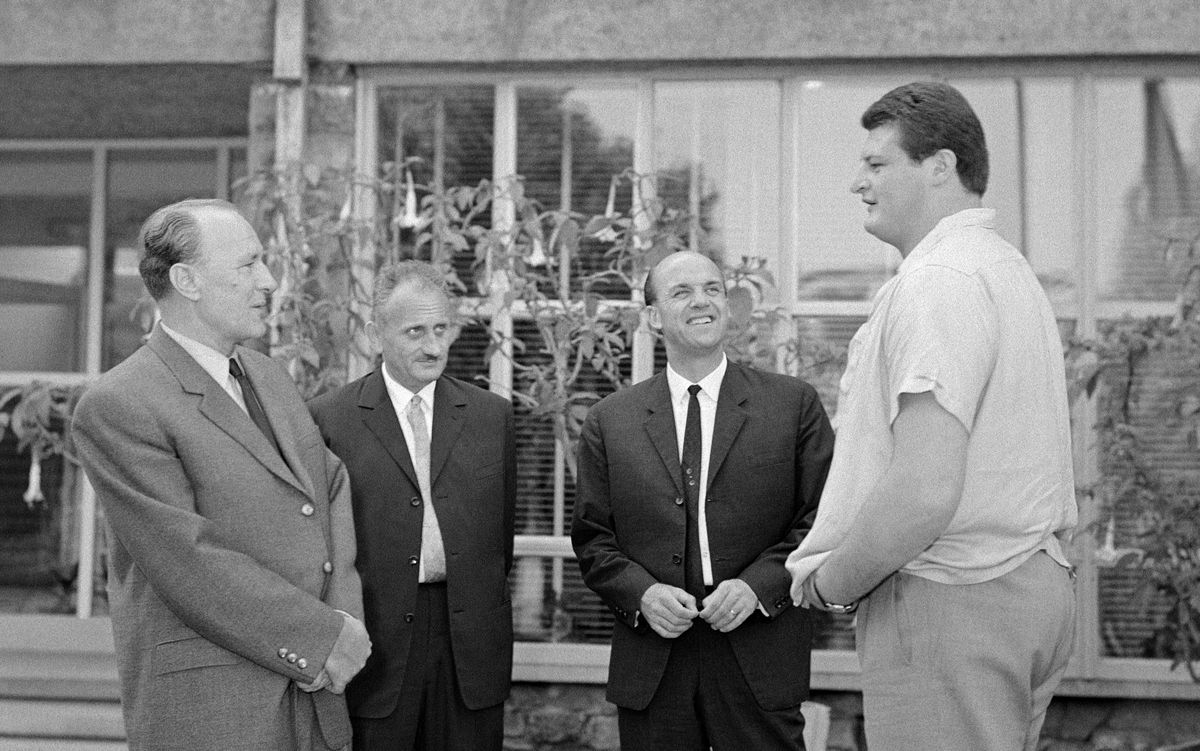 Kádár János, Kutas István, Csanádi Árpád sportvezetők és legendás birkózónk, Kozma István / Fotó: MTI