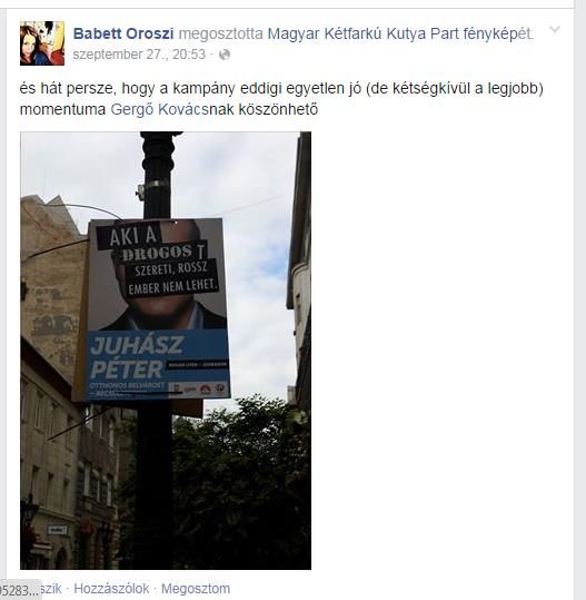 És végül: itt a fullpártatlan Oroszi Babett köszöni meg Kovács Gergőnek, hogy kicsinosította Juhász Péter összefirkált plakátját.
