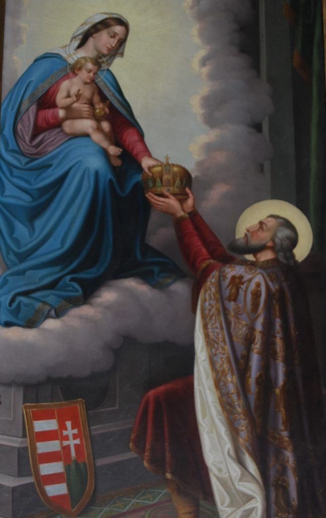 Szent István országfelajánlása a Ferenciek terén lévő templom freskóján. Fotó: wikipedia