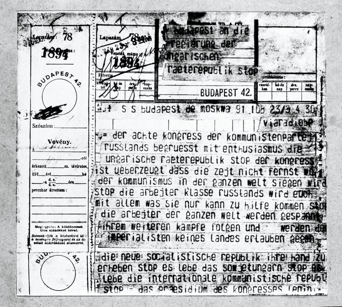 Lenin szikratávirata, amelyben az SZK(b)P VIII. kongresszusa nevében köszönti a Magyar Tanácsköztársaságot / Fotó: MTI