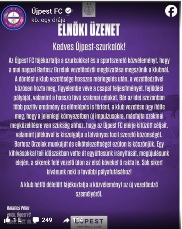 Az Újpest FC elnöke, Ratatics Péter ma Facebook-bejegyzésben tájékoztatta a lilák szurkolóit és a közvéleményt Grzelak menesztéséről, egyben hétfő délelőttre ígéri az új tréner bejelentését. Fotó: az Újpest FC hivatalos Facebook-oldala