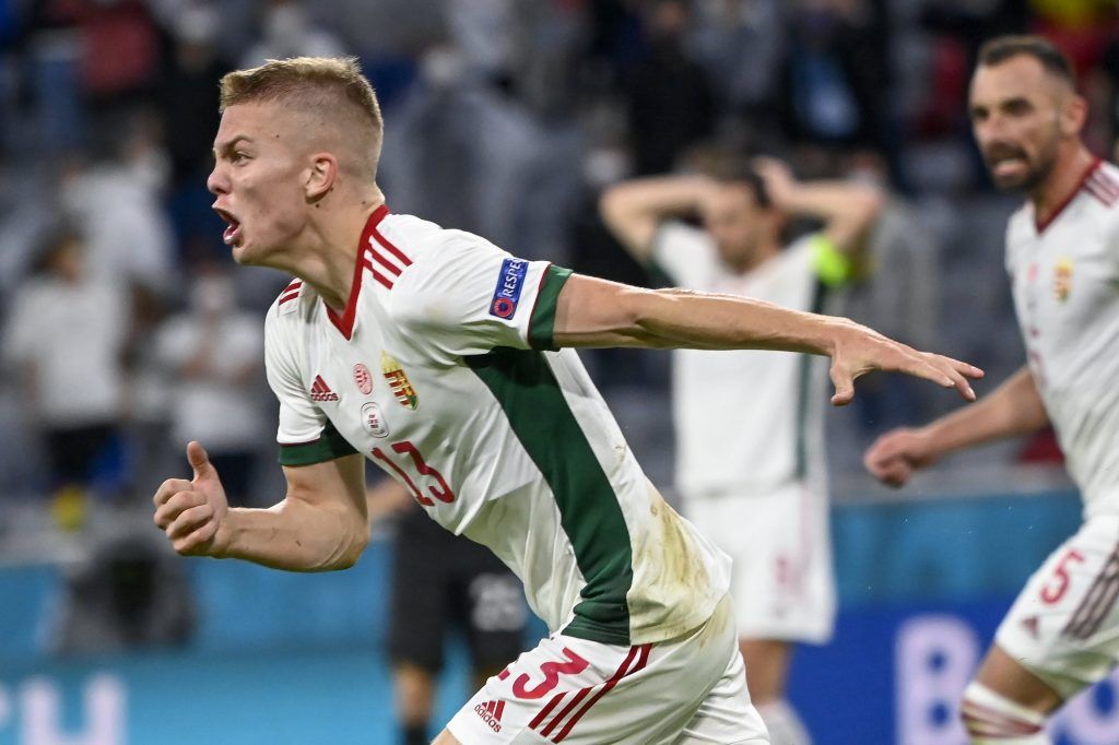 Schäfer András gólöröme a Németország-Magyarország (2-2) mérkőzésen a müncheni Allianz Arénában.<br /> Fotó: MTI/Kovács Tamás