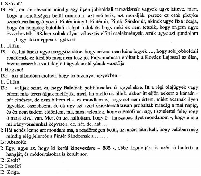 Részélet a Laborc-Portik jegyzőkönyvek kitakaratlan lehetséges verziójából. (I3: Portik Tamás, I2: Laborc Sándor, I: Vajtó Lajos)