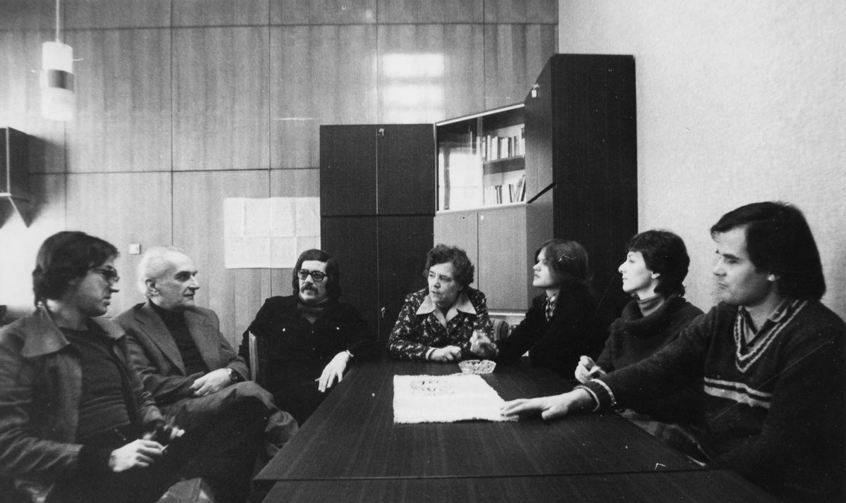 1982. Magyarország,Budapest VIII. a Magyar Rádió Tudományos Szerkesztősége: Bán László, Simonffy Géza, Erdei Grünwald Mihály, Márton Anna, Mihancsik Zsófia, Nonn Vera, Egyed László. / Fotó: Fortepan.hu / adományozó: RTV Magazin