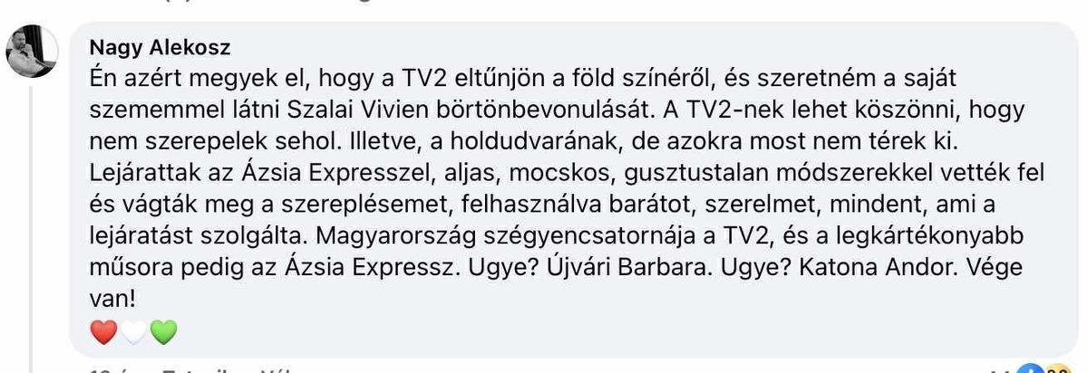 Alekosz kiakadása a TV2-re. Forrás: Facebook