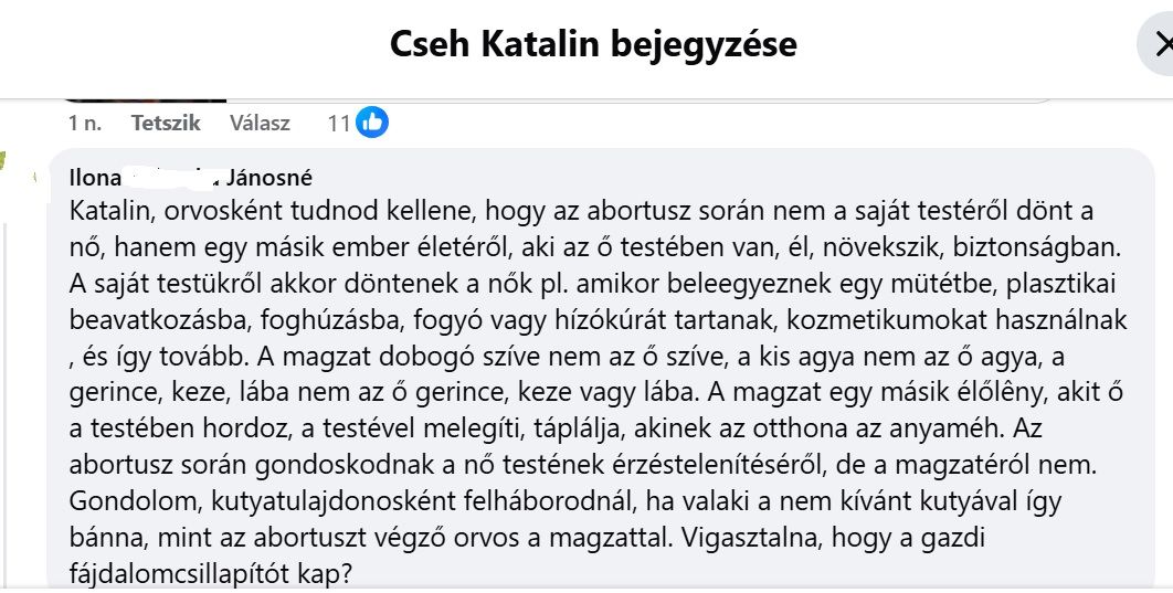 Cseh Katalinnak egy nő döntése fontosabb mint a magzat élete