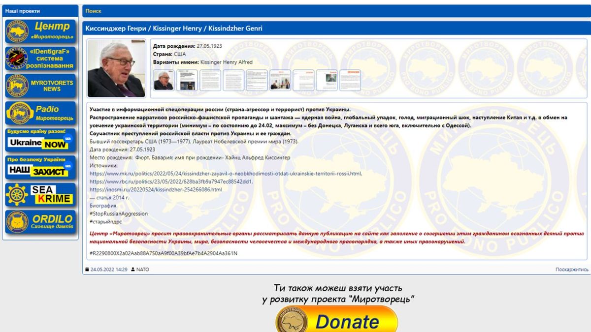 Kissinger is Ukrajna ellensége a Mirotvorec szerint